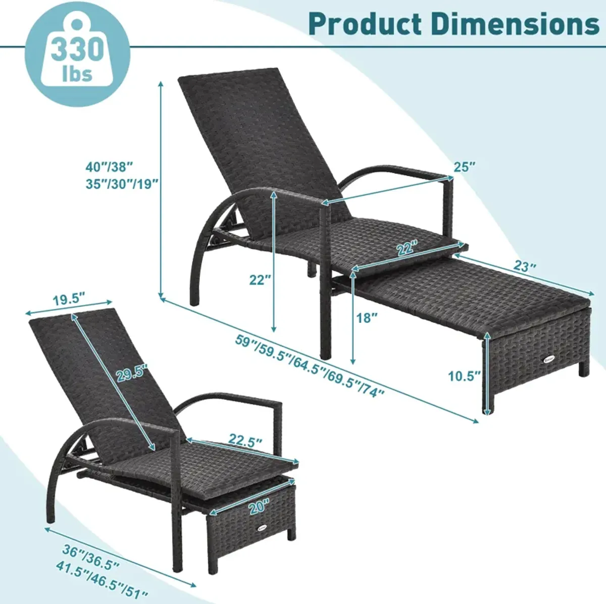 Patio Chaise Lounge Outdoor Rattan Lounge Chair with Retractable Ottoman