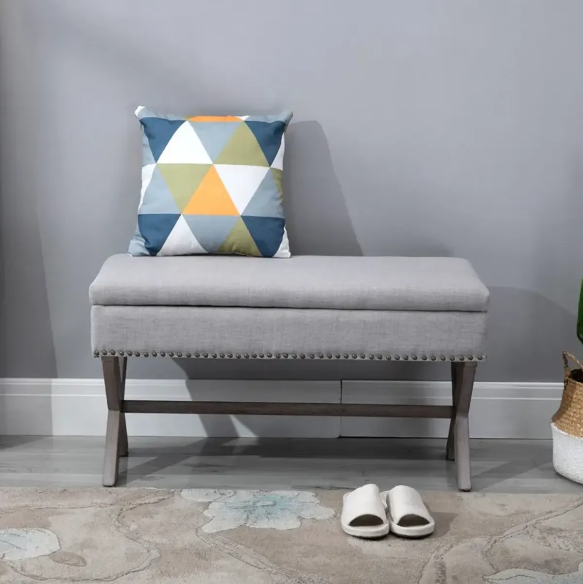 Grey Entryway Comfort: Upholstered Storage Ottoman Bench