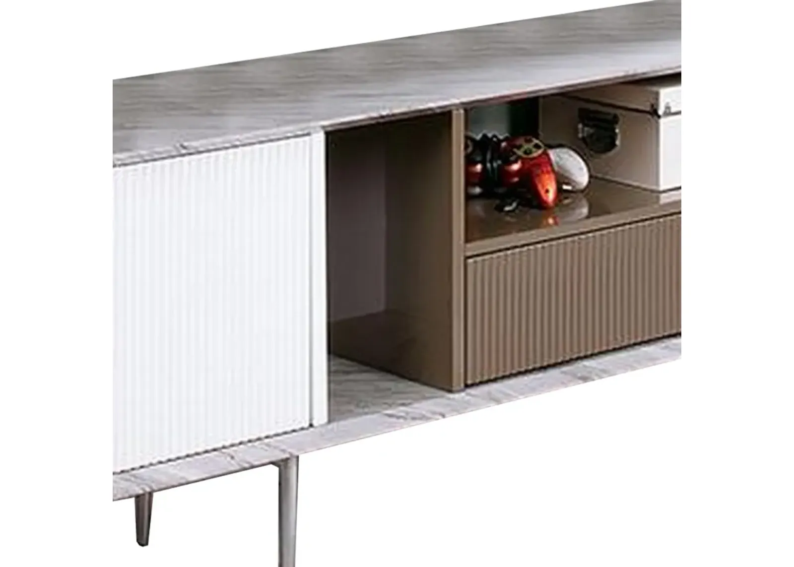 70 Inch TV Entertainment Console, 1 Drawer, Shelves, White, Brown, Gray - Benzara