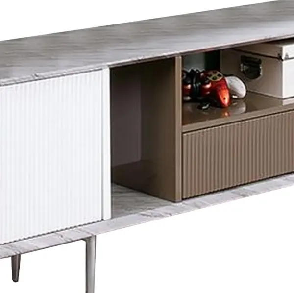 70 Inch TV Entertainment Console, 1 Drawer, Shelves, White, Brown, Gray - Benzara