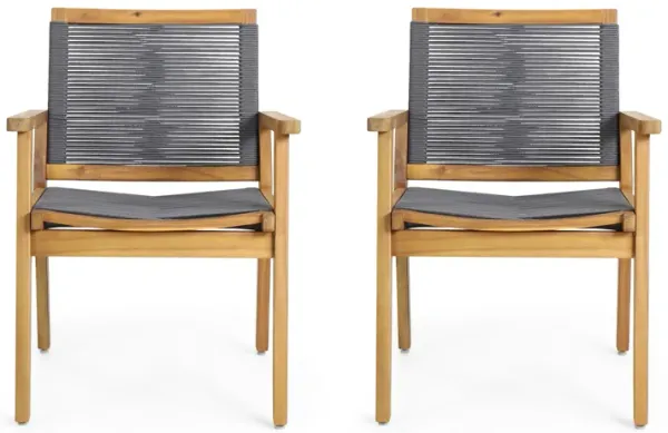 Outdoor Dining Chair Set of 2, 35 Inch Gray Woven, Brown Acacia Wood - Benzara