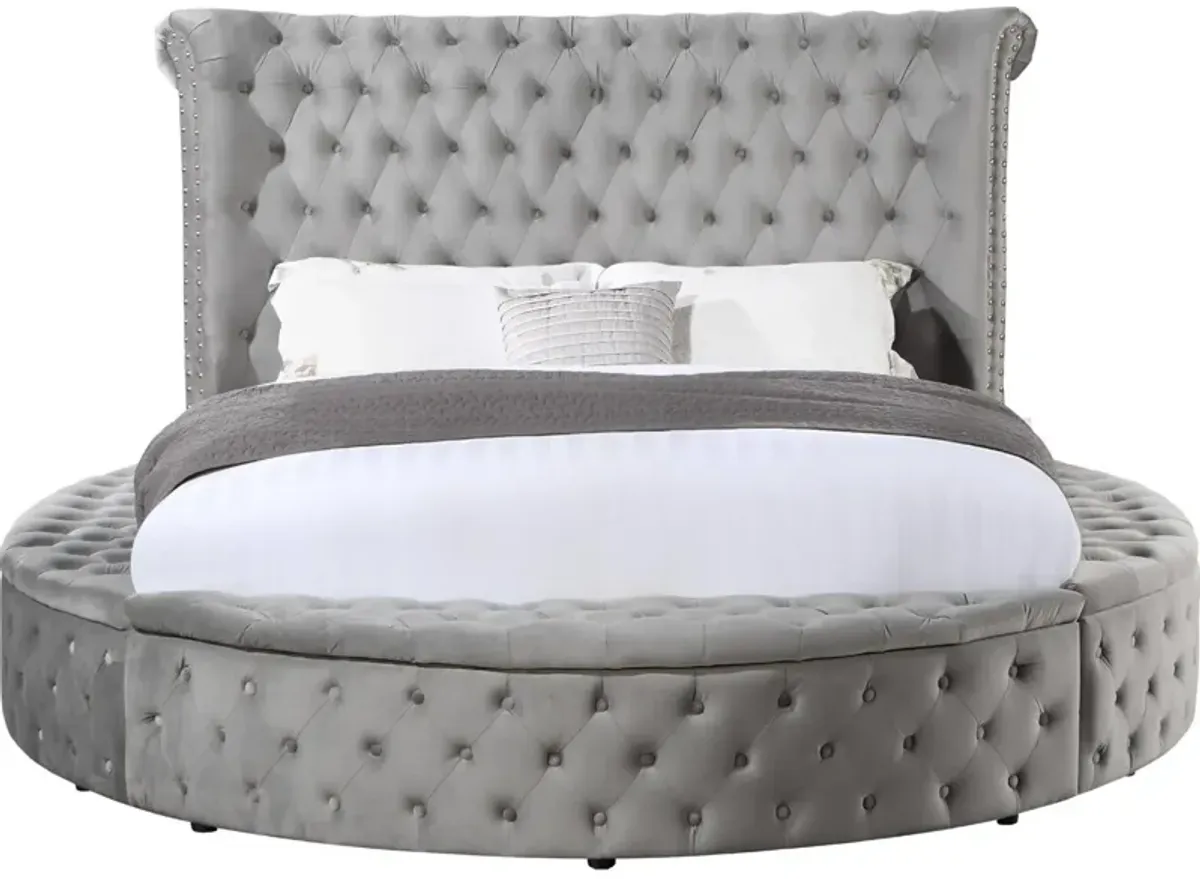 Luxury Queen Bed, Tall Rolled Headboard, Velvet Upholstered, Storage, Gray - Benzara