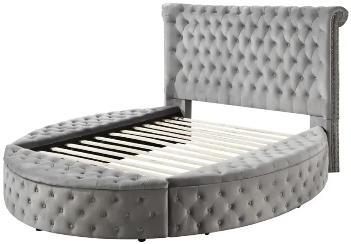 Luxury Queen Bed, Tall Rolled Headboard, Velvet Upholstered, Storage, Gray - Benzara