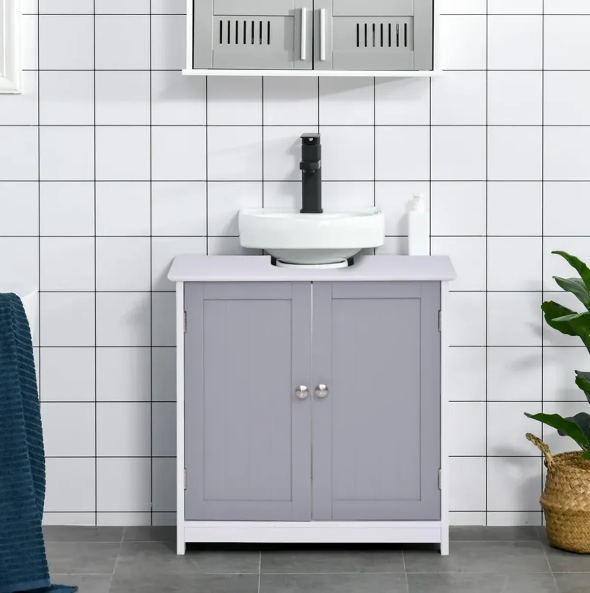 White/Grey Sink Cabinet: U-Shape Under-Sink Bathroom Storage