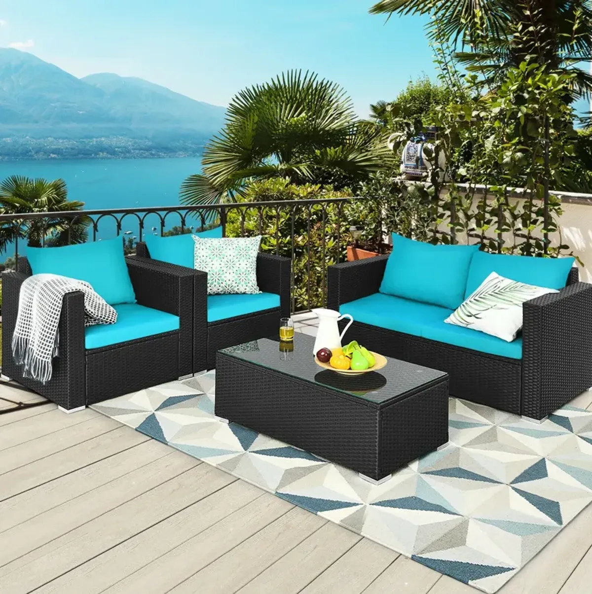 4 Pieces Patio Rattan Conversation Set with Padded Cushion and Tempered Glass Coffee Table