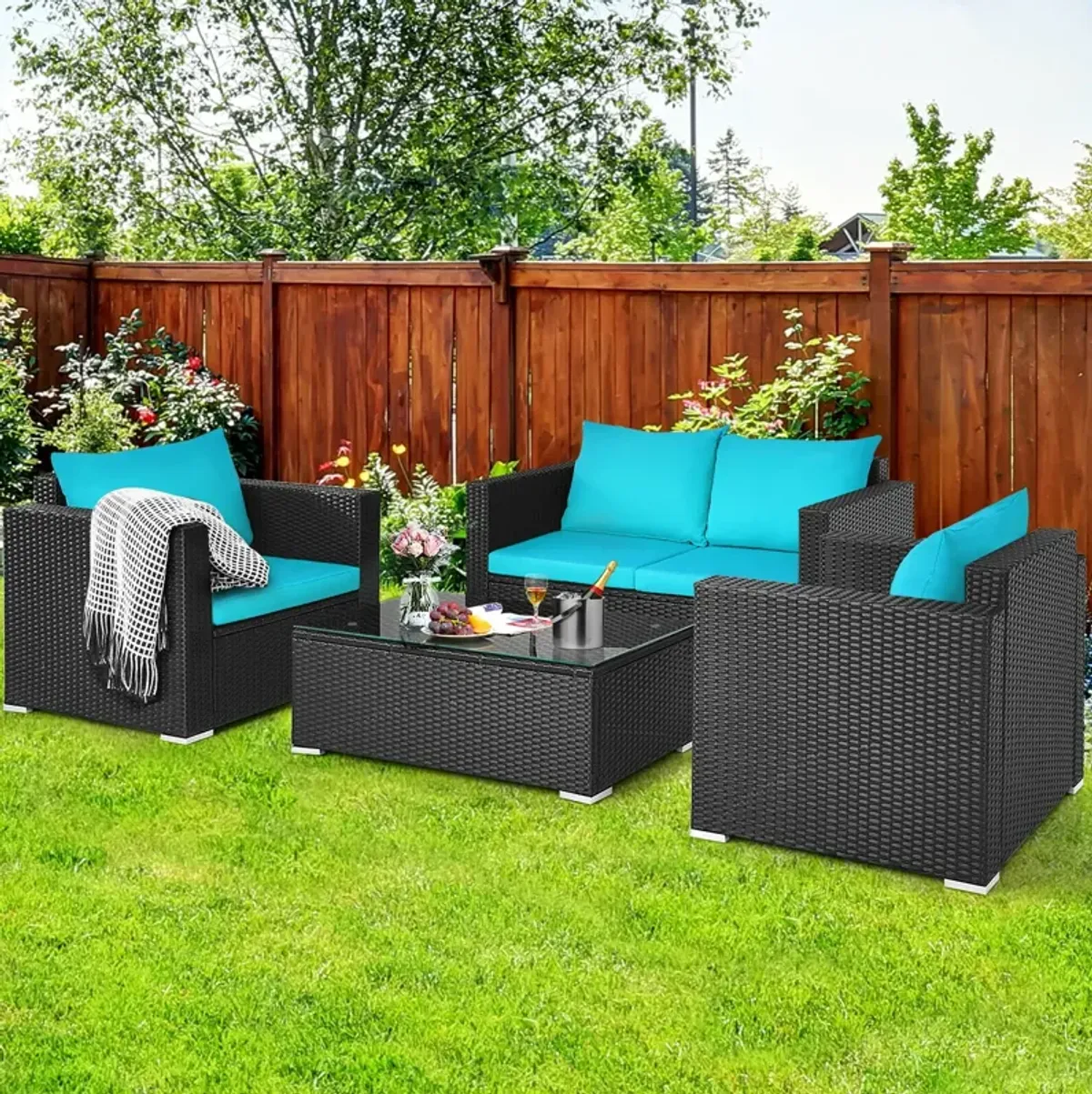 4 Pieces Patio Rattan Conversation Set with Padded Cushion and Tempered Glass Coffee Table