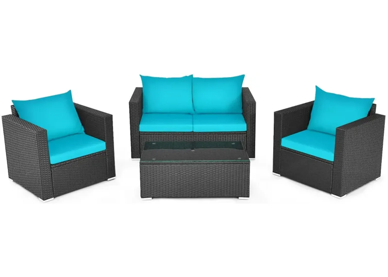 4 Pieces Patio Rattan Conversation Set with Padded Cushion and Tempered Glass Coffee Table