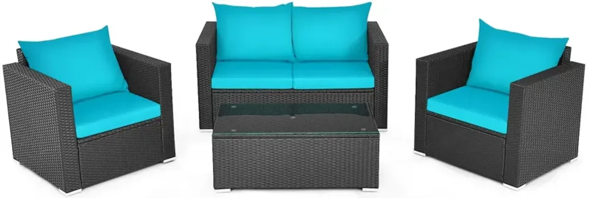 4 Pieces Patio Rattan Conversation Set with Padded Cushion and Tempered Glass Coffee Table