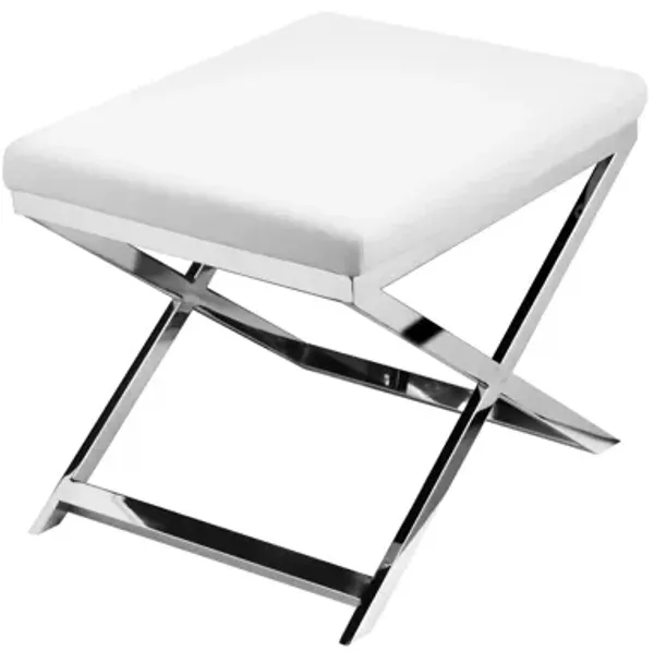 Sovi 20 Inch Accent Stool Ottoman, X Steel Legs, White Faux Leather - Benzara