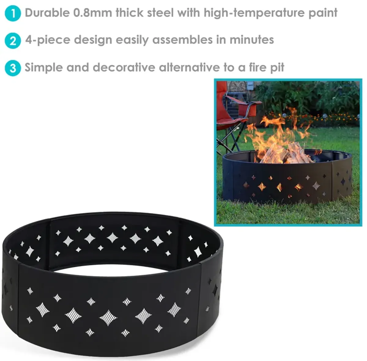 Sunnydaze 36 in Diamond Cut-Out Steel Wood Burning Fire Pit Ring with Poker