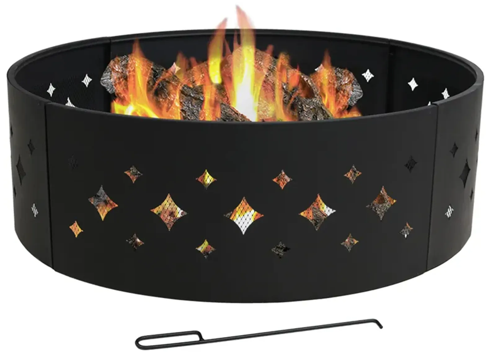 Sunnydaze 36 in Diamond Cut-Out Steel Wood Burning Fire Pit Ring with Poker