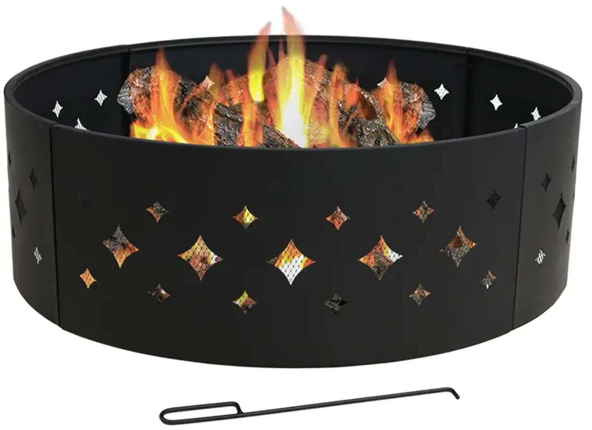 Sunnydaze 36 in Diamond Cut-Out Steel Wood Burning Fire Pit Ring with Poker