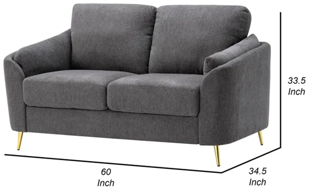 Jace 60 Inch Loveseat, Dark Gray Polyester, Gold Metal Legs, Pillow Back - Benzara