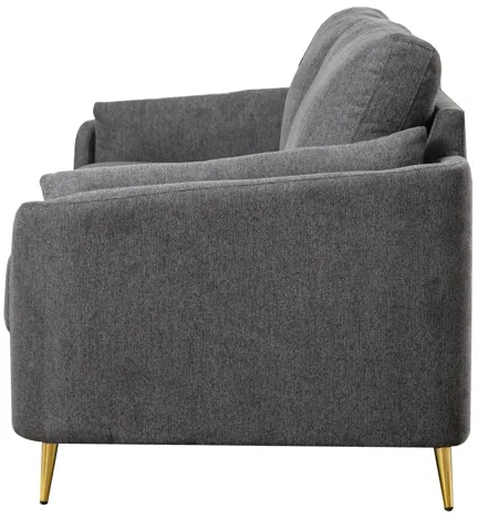 Jace 60 Inch Loveseat, Dark Gray Polyester, Gold Metal Legs, Pillow Back - Benzara