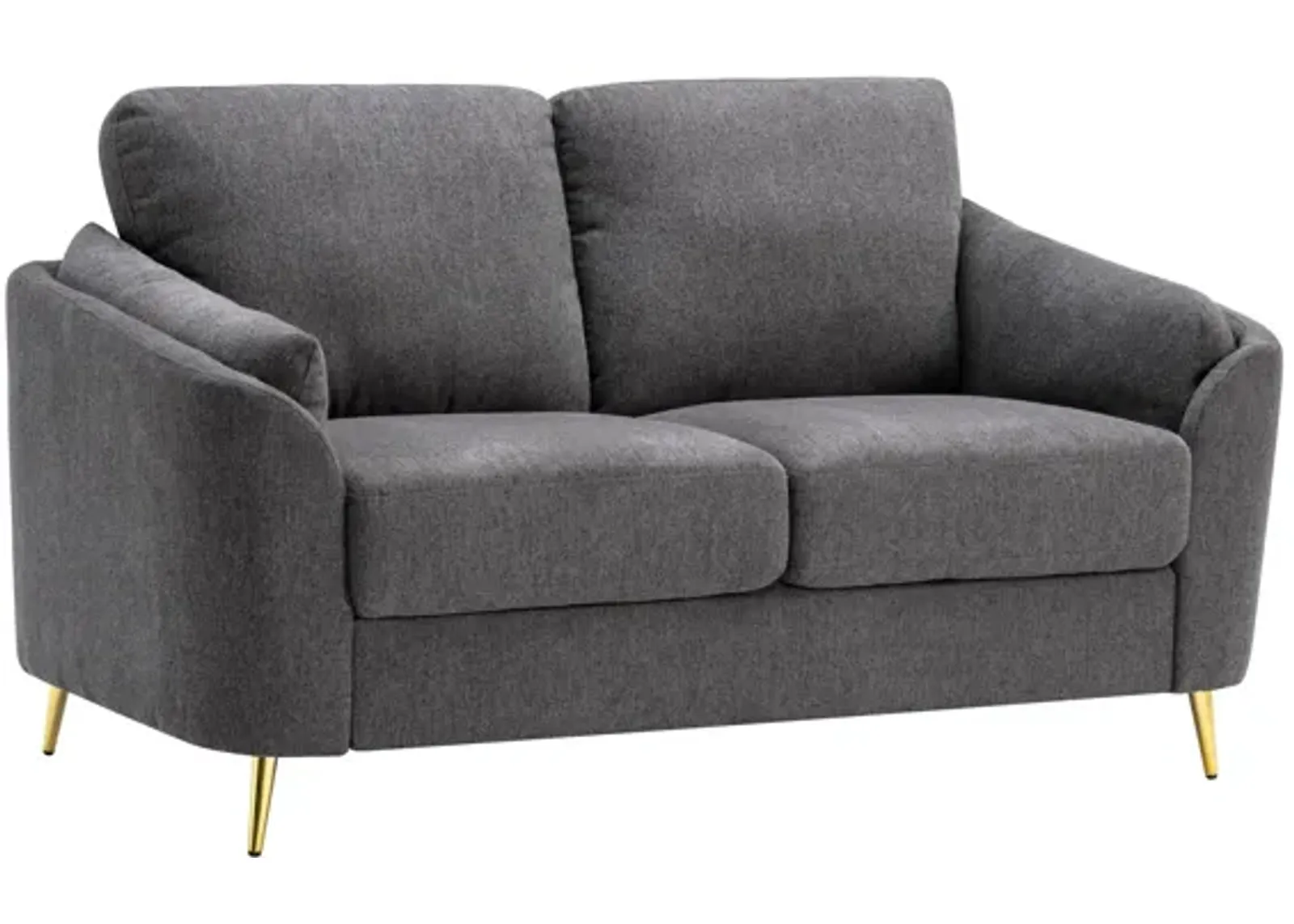 Jace 60 Inch Loveseat, Dark Gray Polyester, Gold Metal Legs, Pillow Back - Benzara