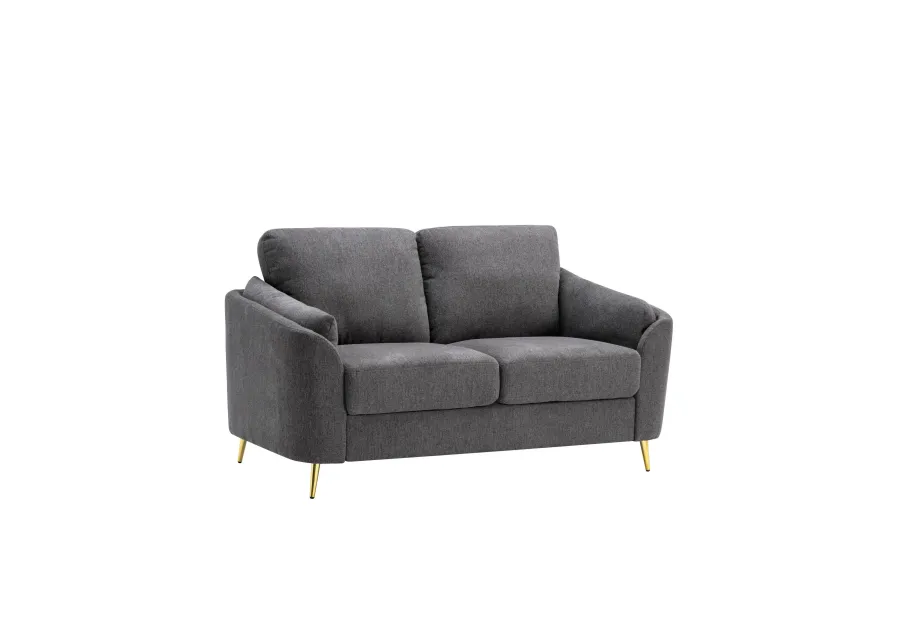 Jace 60 Inch Loveseat, Dark Gray Polyester, Gold Metal Legs, Pillow Back - Benzara