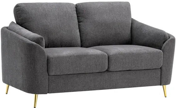 Jace 60 Inch Loveseat, Dark Gray Polyester, Gold Metal Legs, Pillow Back - Benzara