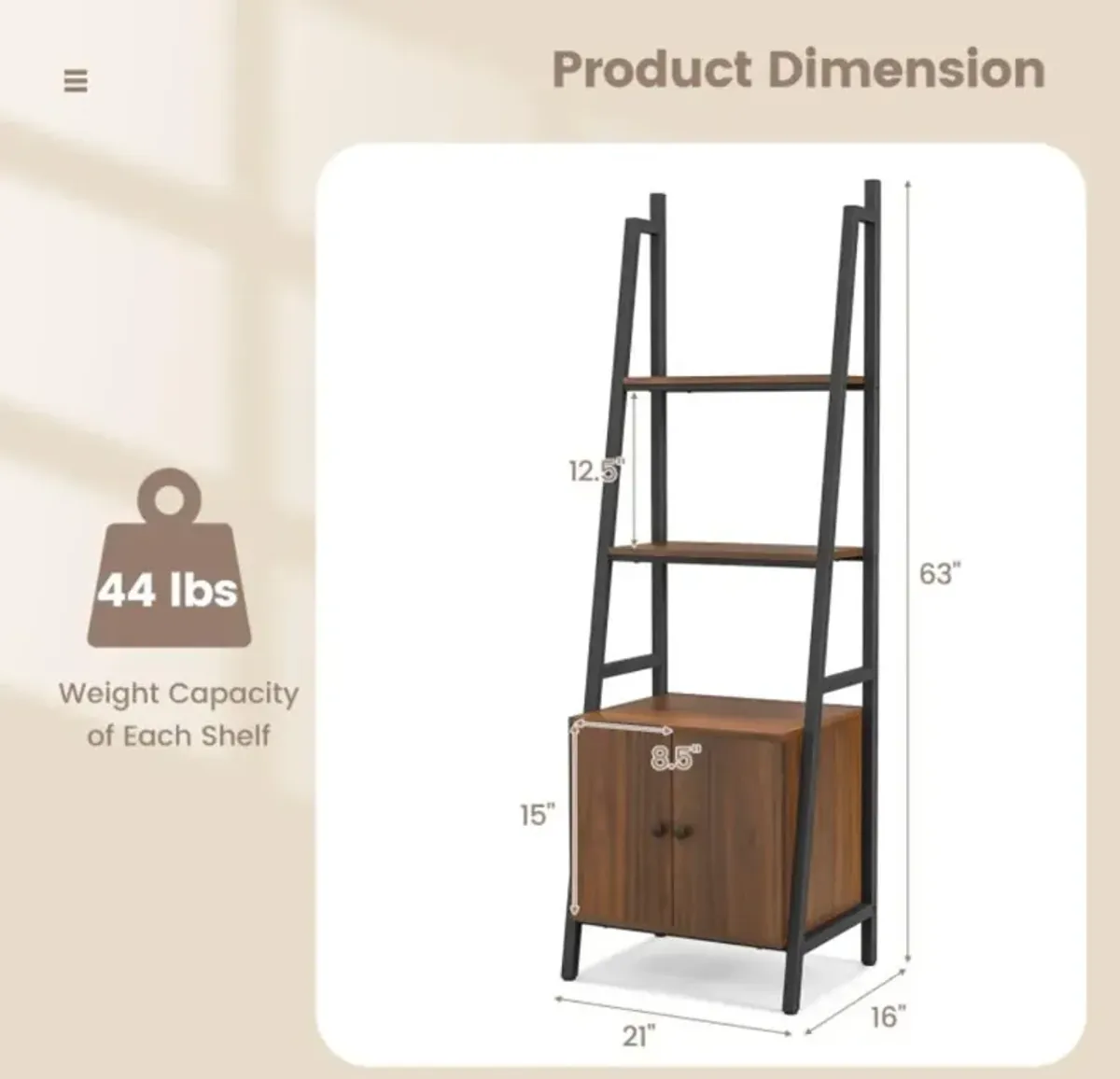 Hivvago 4-Tier Ladder Shelf with Cabinet and Metal Frame-Rustic Brown