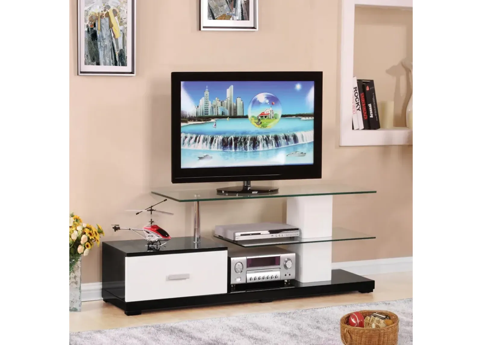 Affable TV Stand, White & Black-Benzara