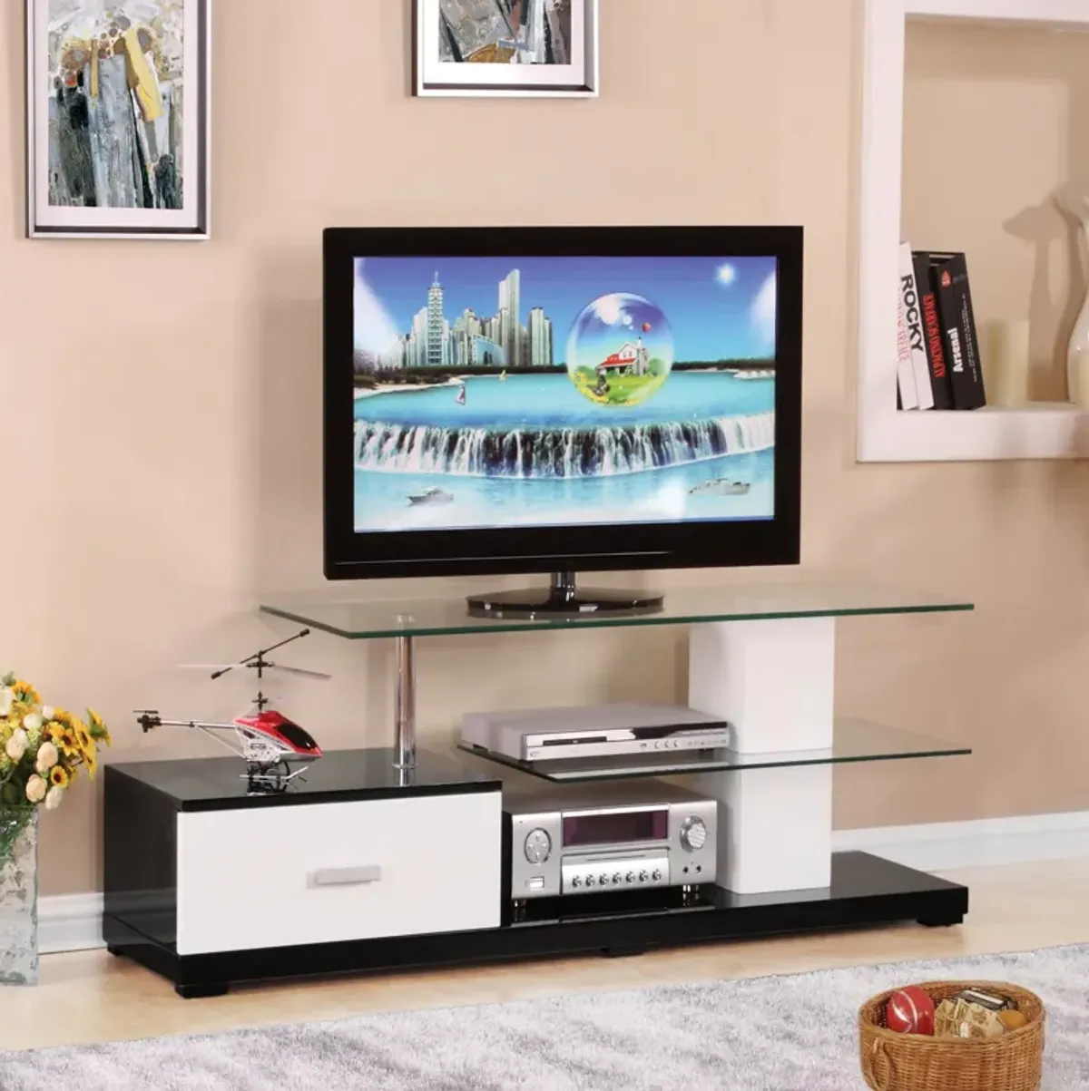 Affable TV Stand, White & Black-Benzara