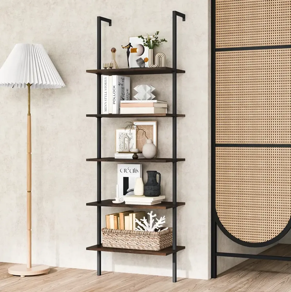 5 Tier Ladder Shelf Wall-Mounted Bookcase with Steel Frame