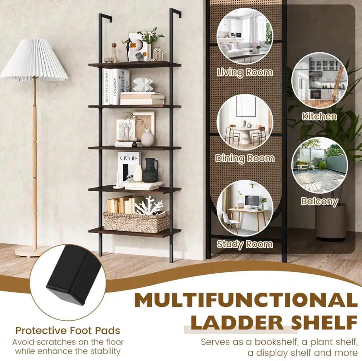 5 Tier Ladder Shelf Wall-Mounted Bookcase with Steel Frame