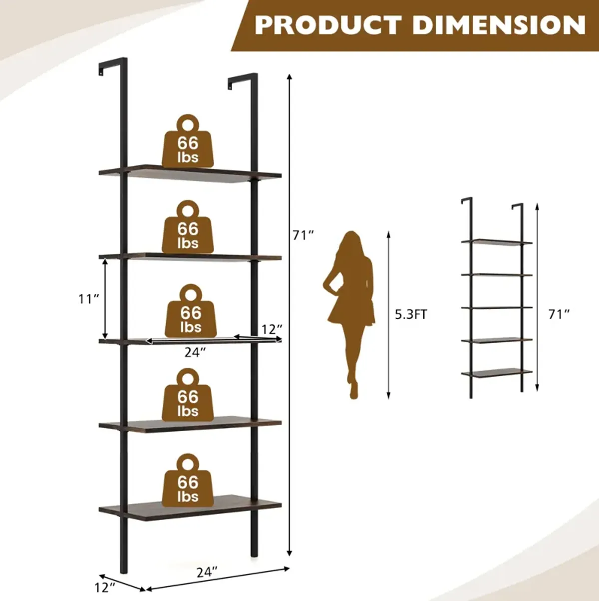 5 Tier Ladder Shelf Wall-Mounted Bookcase with Steel Frame