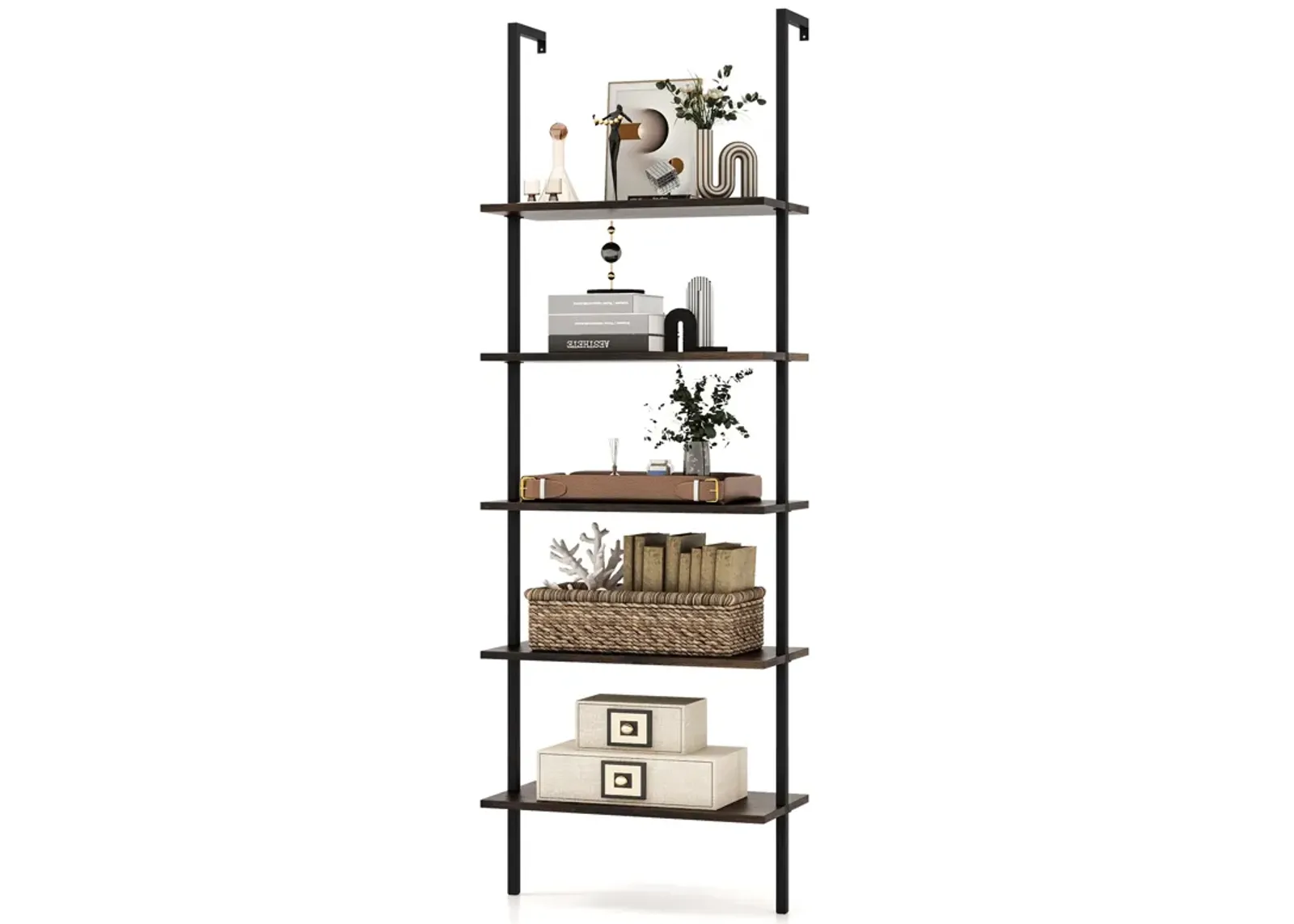 5 Tier Ladder Shelf Wall-Mounted Bookcase with Steel Frame