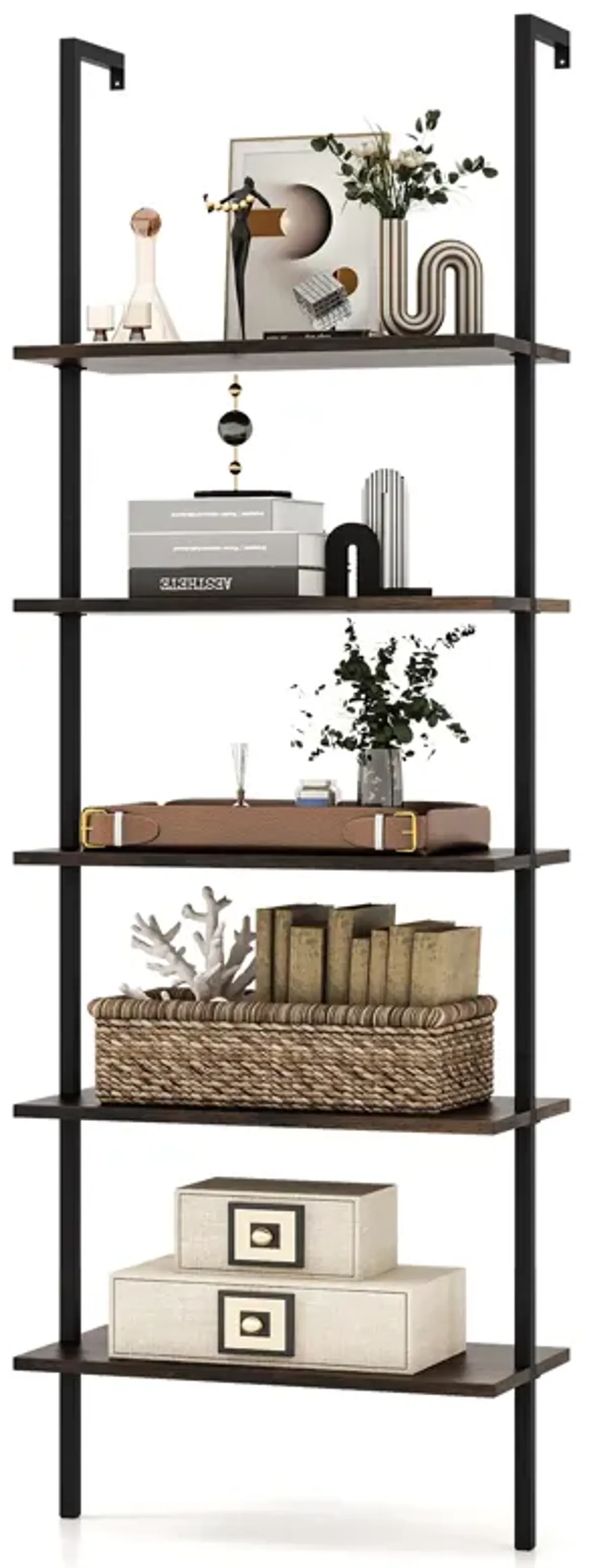 5 Tier Ladder Shelf Wall-Mounted Bookcase with Steel Frame