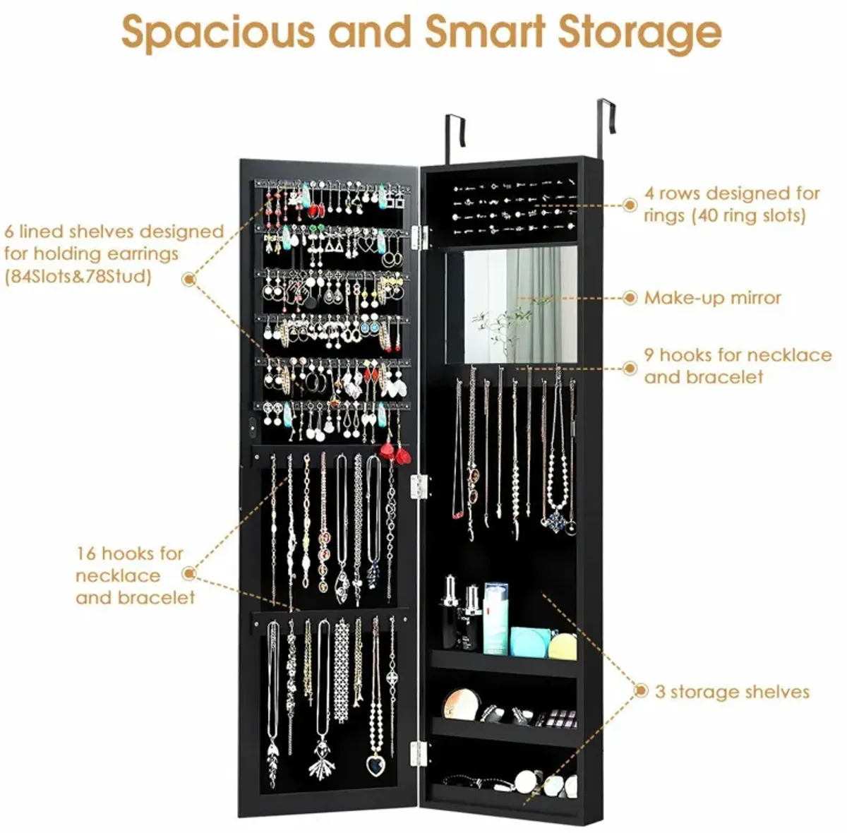 Full Length Mirror Jewelry Cabinet with Ring Slots and Necklace Hooks