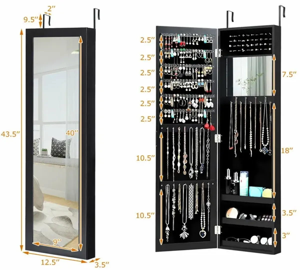 Full Length Mirror Jewelry Cabinet with Ring Slots and Necklace Hooks