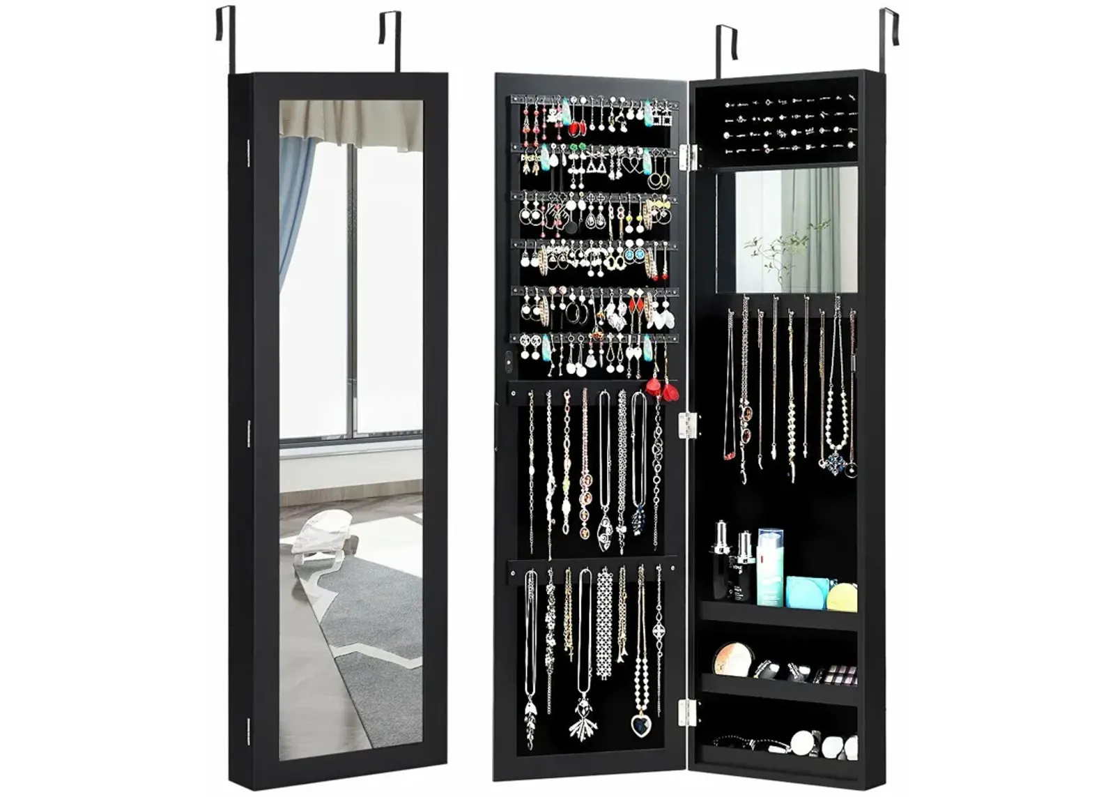 Full Length Mirror Jewelry Cabinet with Ring Slots and Necklace Hooks