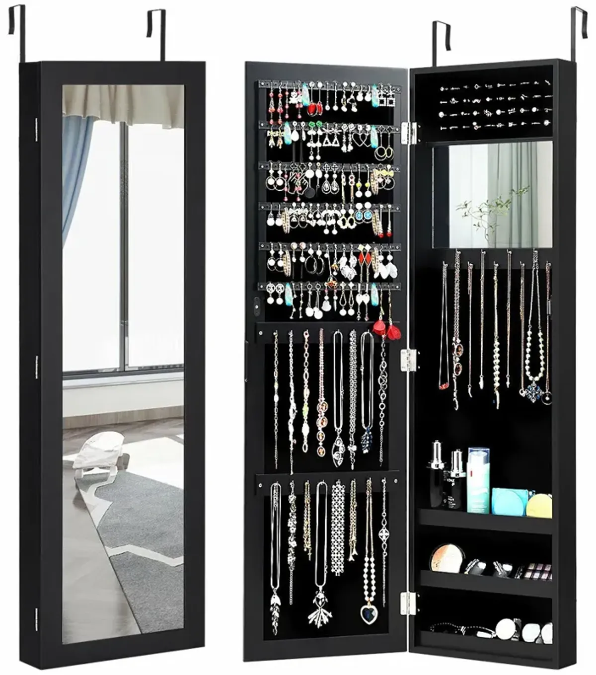 Full Length Mirror Jewelry Cabinet with Ring Slots and Necklace Hooks