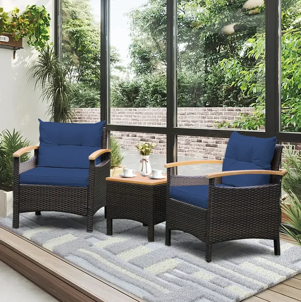 3 Pieces Patio Rattan Furniture Set with Removable Cushion