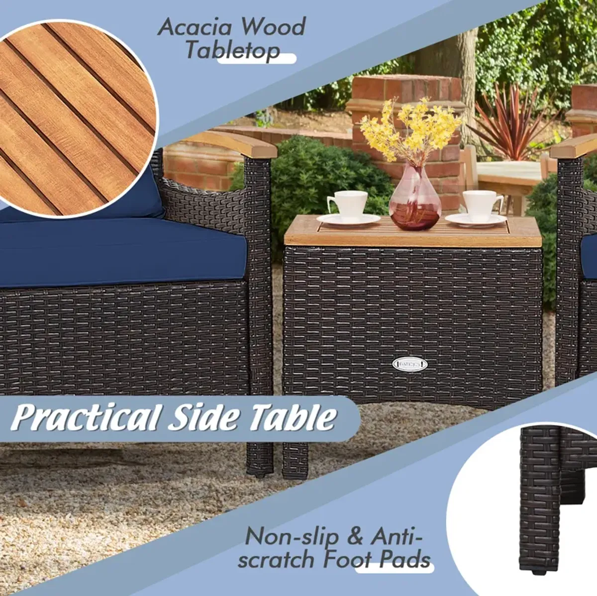 3 Pieces Patio Rattan Furniture Set with Removable Cushion