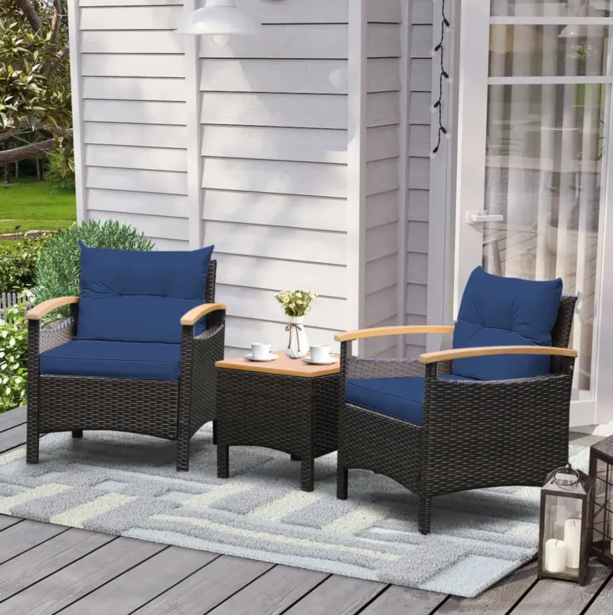 3 Pieces Patio Rattan Furniture Set with Removable Cushion