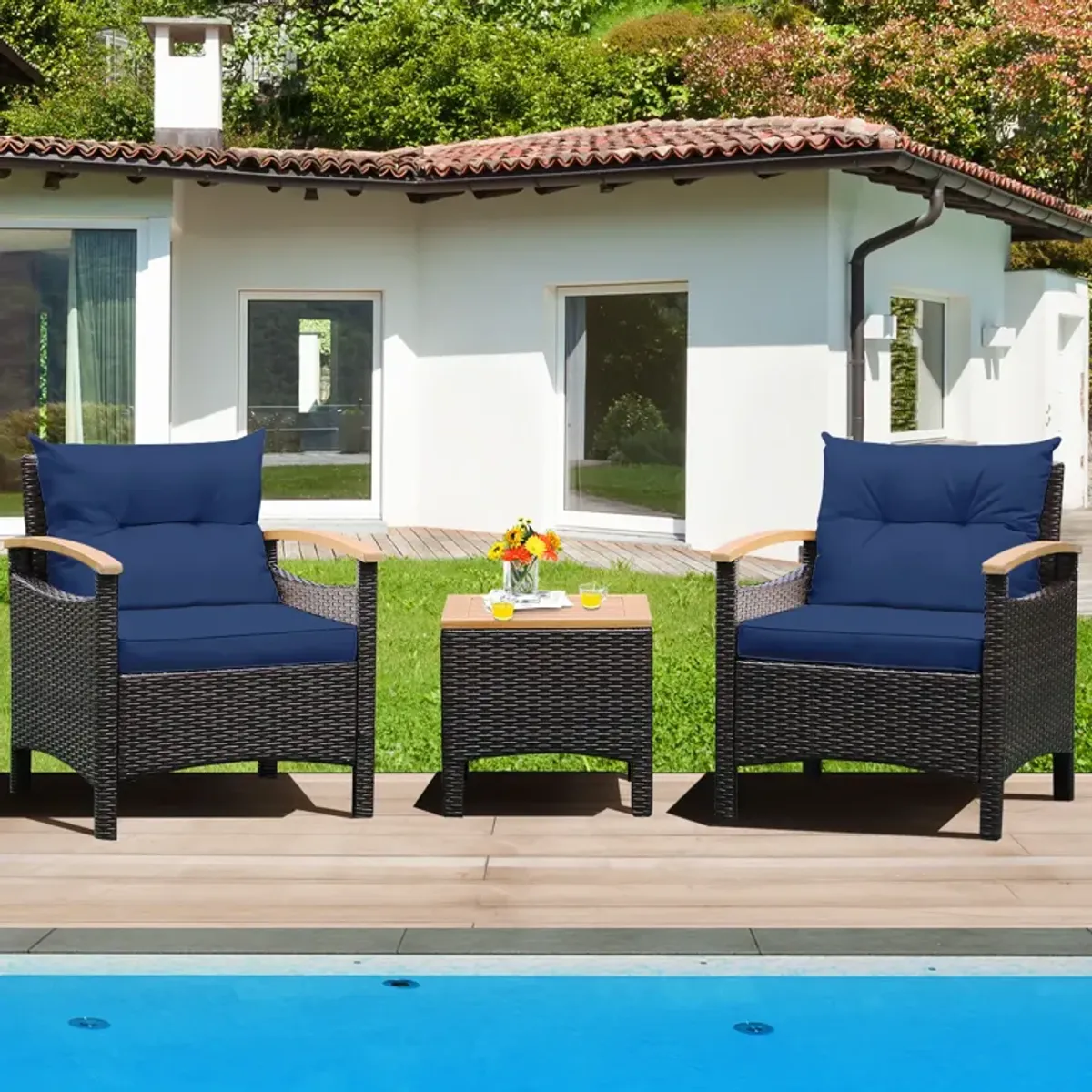 3 Pieces Patio Rattan Furniture Set with Removable Cushion