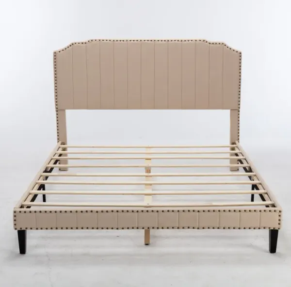 Queen Size Bed With Headboard, Modern Linen Curved Upholstered Platform Bed