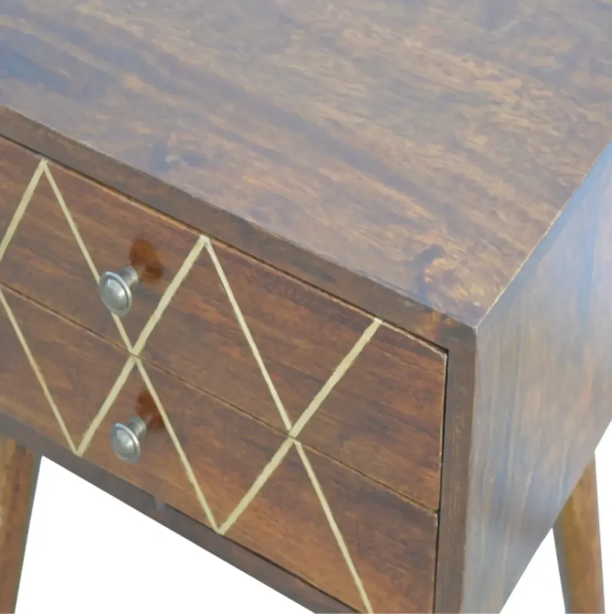 Solid Wood Geometric Brass Inlay 2 Drawer Nightstand