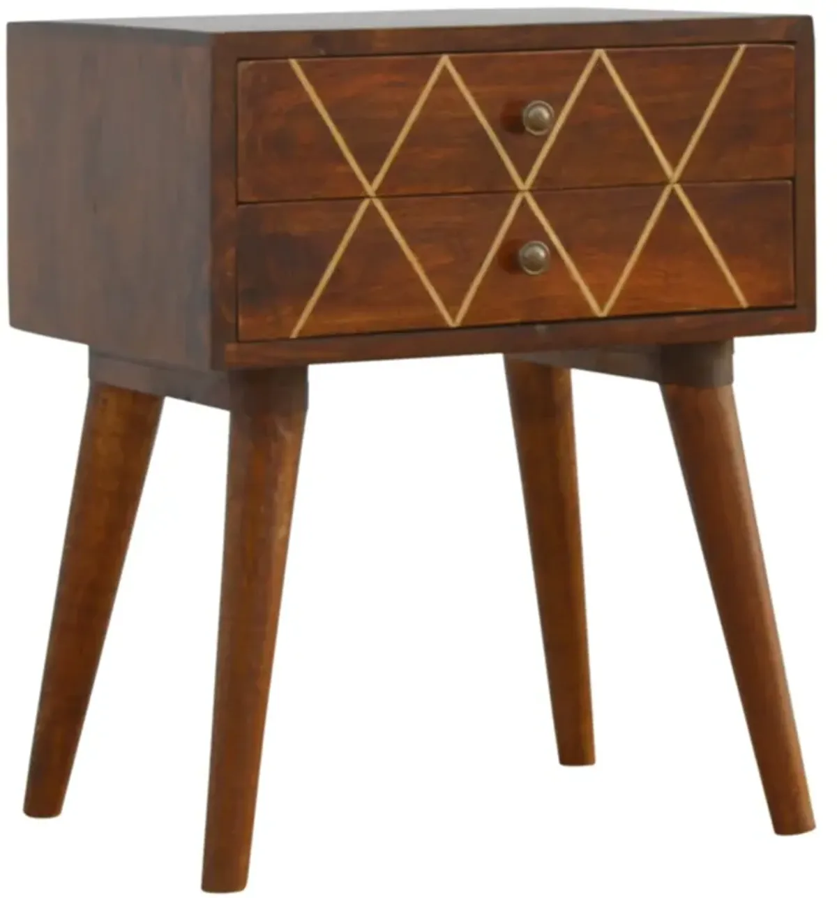 Solid Wood Geometric Brass Inlay 2 Drawer Nightstand