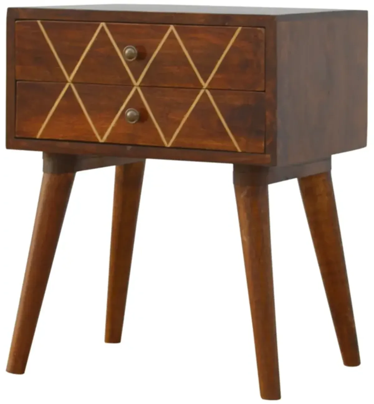 Solid Wood Geometric Brass Inlay 2 Drawer Nightstand