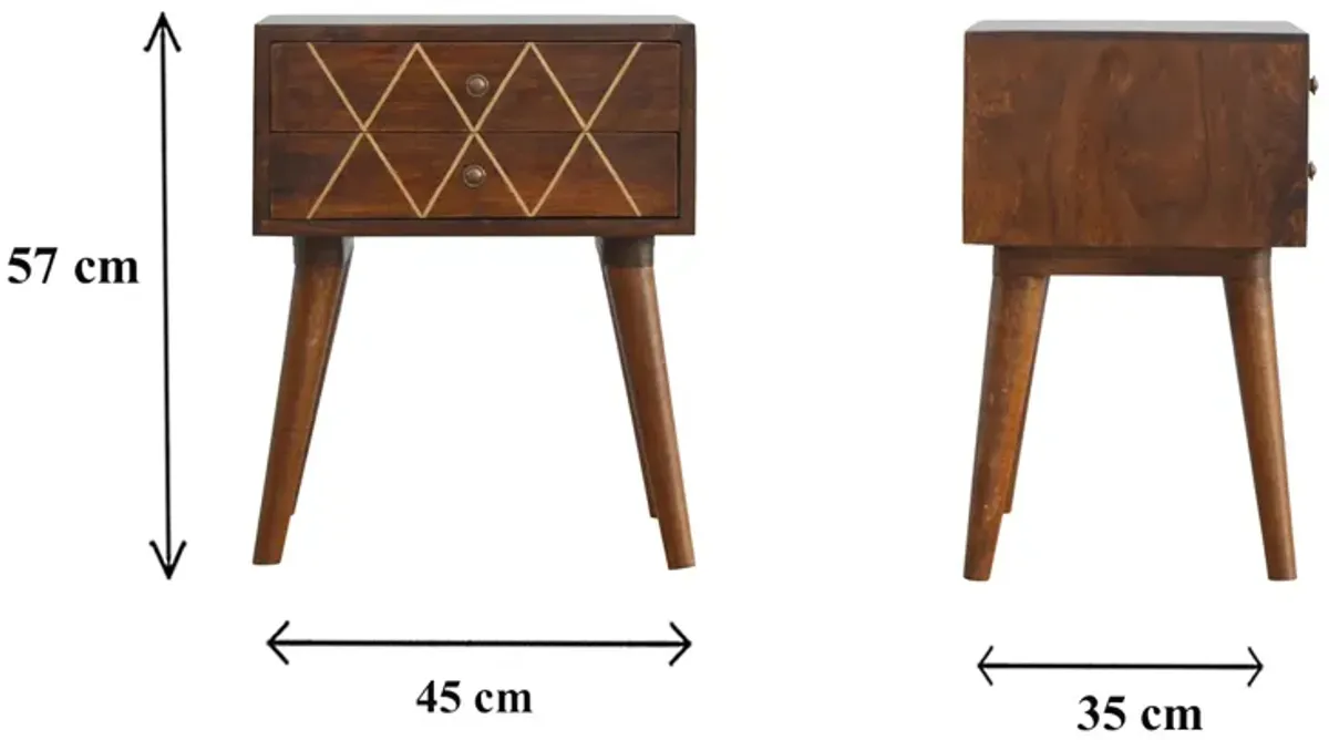 Solid Wood Geometric Brass Inlay 2 Drawer Nightstand