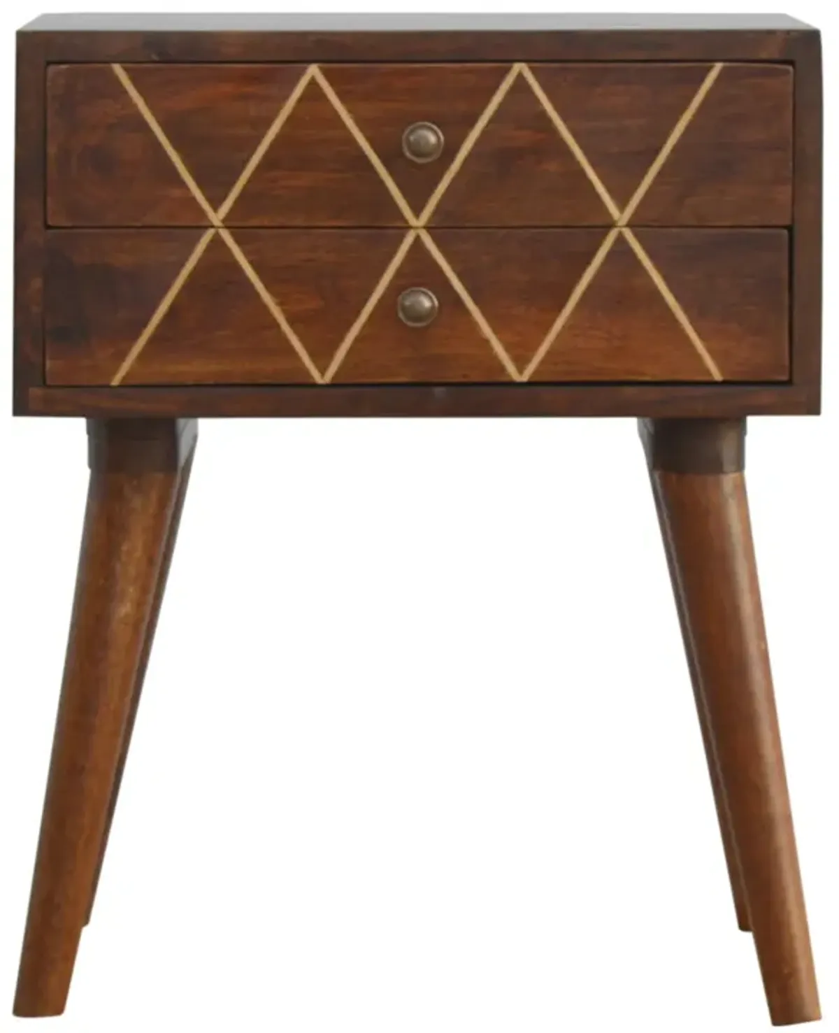 Solid Wood Geometric Brass Inlay 2 Drawer Nightstand