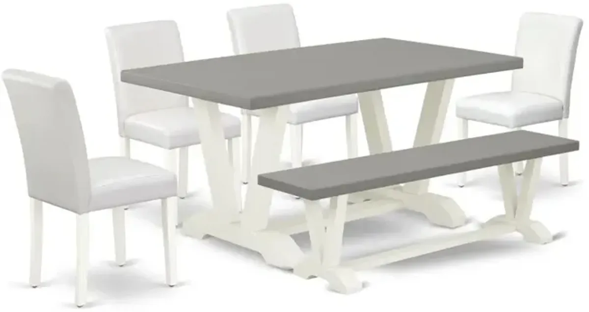 East West Furniture V096AB264-6 6-Piece Gorgeous Dining Set an Outstanding Cement Color Wood Table Top and Cement Color Bench and 4 Excellent Pu Leather Dining Room Chairs with Stylish Chair Back, Lin