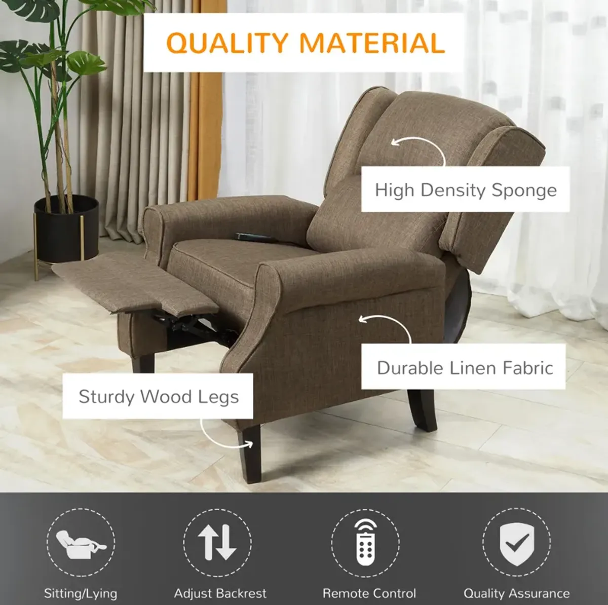 HOMCOM Vibrating Massage Recliner Chair for Living Room, Reclining Wingback Single Sofa with Heat, Linen Fabric Push Back Accent Chair with Footrest, Side Pocket, Brown