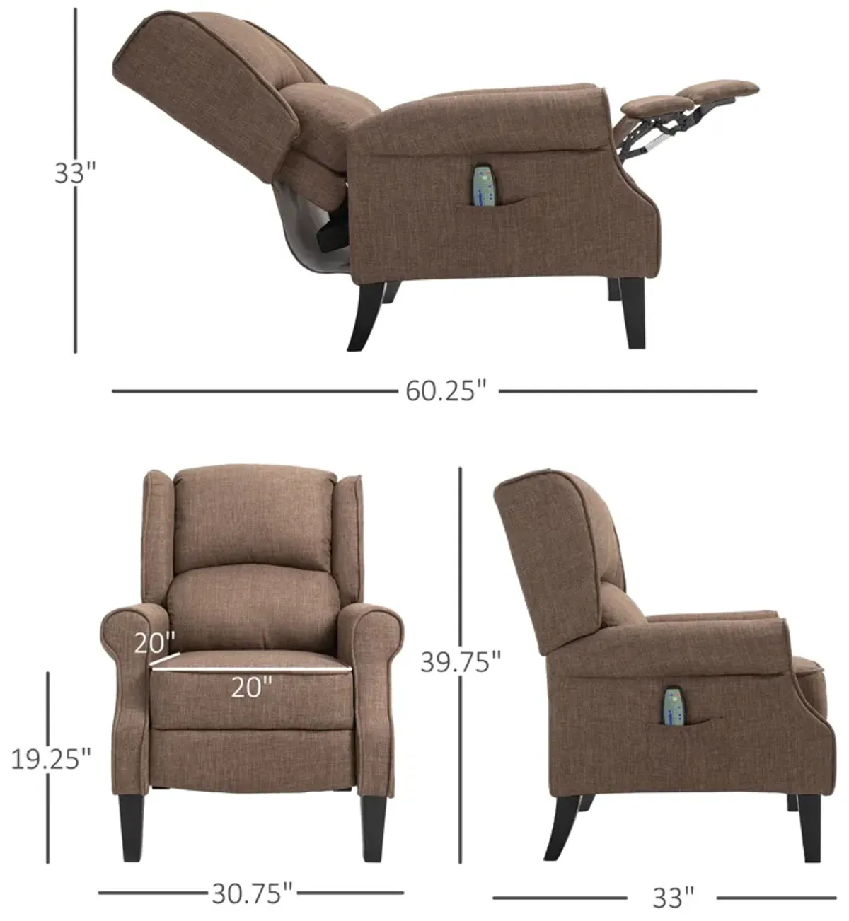 HOMCOM Vibrating Massage Recliner Chair for Living Room, Reclining Wingback Single Sofa with Heat, Linen Fabric Push Back Accent Chair with Footrest, Side Pocket, Brown