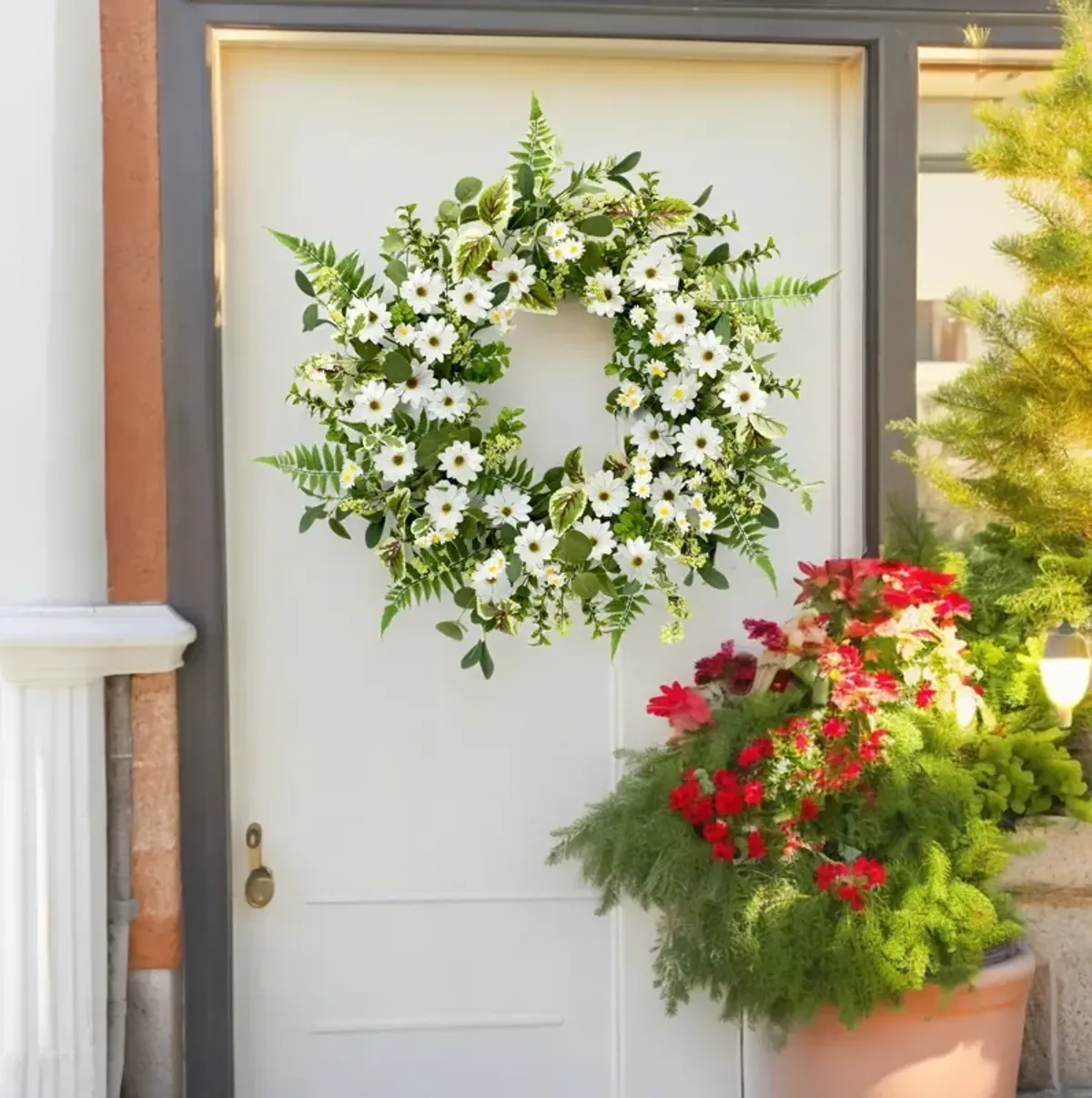 Mixed Foliage and Daisy Wreath for Bright Spring or Summer Home Décor