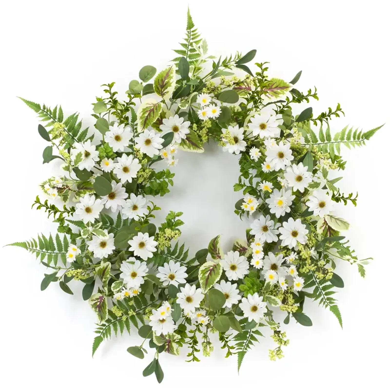 Mixed Foliage and Daisy Wreath for Bright Spring or Summer Home Décor