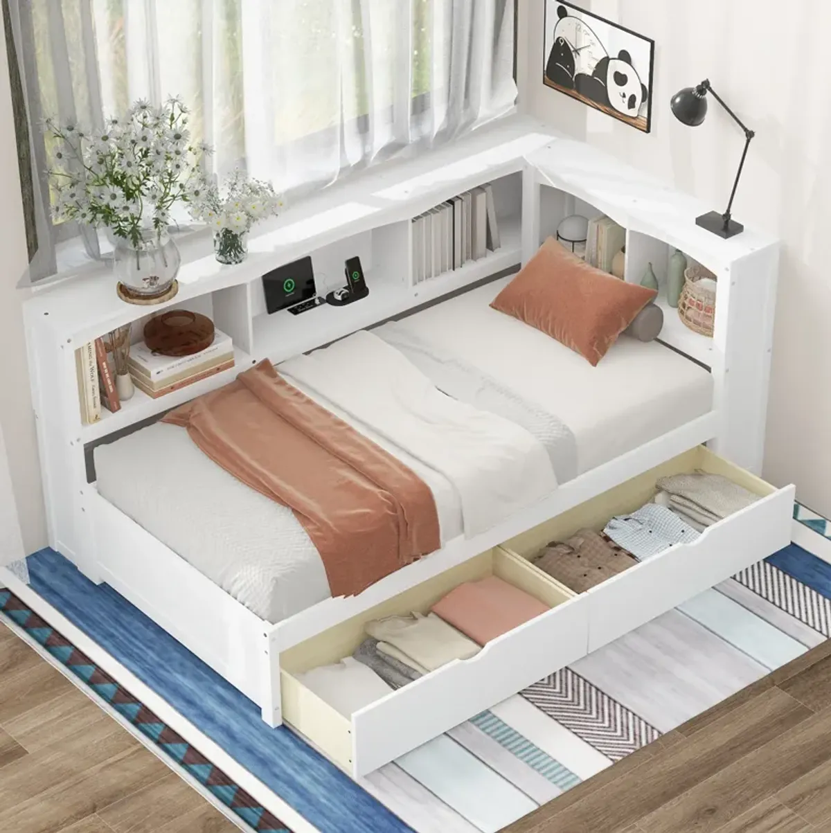 Whisen Twin Size Daybed with Two Storage Drawers, Storage Cabinets and USB Ports