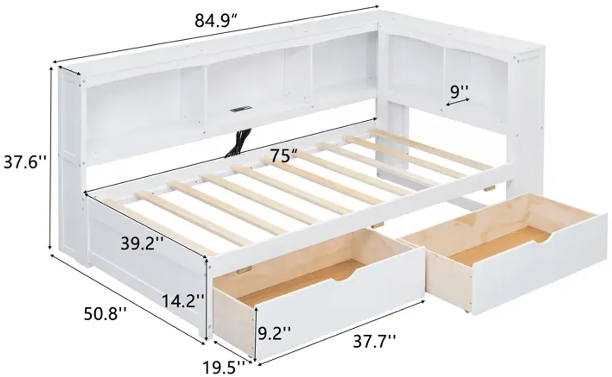Whisen Twin Size Daybed with Two Storage Drawers, Storage Cabinets and USB Ports